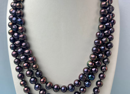 54 inch Handnotted 7-8mm Potato Freshwater Pearl Necklaces Dark Peacock OR Champagne, Genuine Pearl Long Bridal Necklace #306