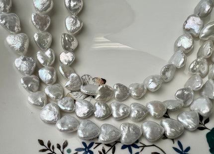 12-14 mm AA Very Rare Natural White Heart Shape Freshwater Coin Pearl Beads Genuine High Luster Heart Coin Pearls 34 Beads #P2447