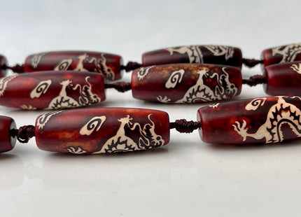 One Piece 15x40 mm AAA DZI Tibetan Agate Red Dragon Agate Gemstone Large 2.0mm Hole Mala Antique Boho Barrel Beads 1.5 Inch Long #4400