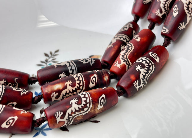One Piece 15x40 mm AAA DZI Tibetan Agate Red Dragon Agate Gemstone Large 2.0mm Hole Mala Antique Boho Barrel Beads 1.5 Inch Long #4400