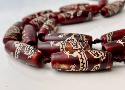 One Piece 15x40 mm AAA DZI Tibetan Agate Red Dragon Agate Gemstone Large 2.0mm Hole Mala Antique Boho Barrel Beads 1.5 Inch Long #4400