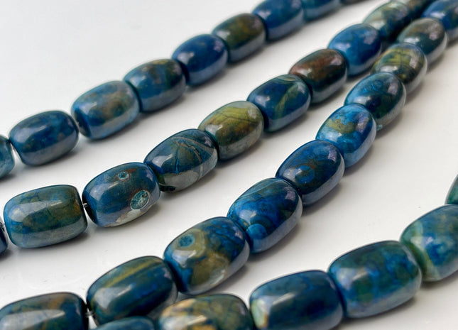 10x14 mm AAA Smooth Barrel Shape Blue Agate Gemstone Beads Natural Blue Green Brown Color Agate 14.5 Inches 25 Beads #4401