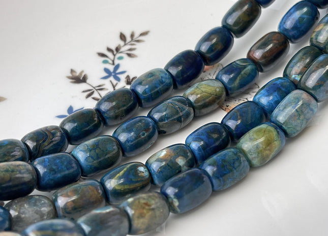 10x14 mm AAA Smooth Barrel Shape Blue Agate Gemstone Beads Natural Blue Green Brown Color Agate 14.5 Inches 25 Beads #4401