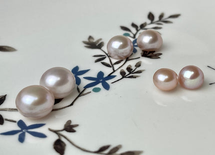 AAAA One Pair 7-10.5 mm Top Quality High Luster Round Button Half Drilled Freshwater Pearls Genuine Natural Pink Freshwater Pearls #1627