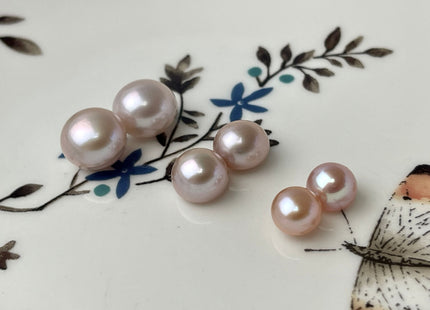 AAAA One Pair 7-10.5 mm Top Quality High Luster Round Button Half Drilled Freshwater Pearls Genuine Natural Pink Freshwater Pearls #1627