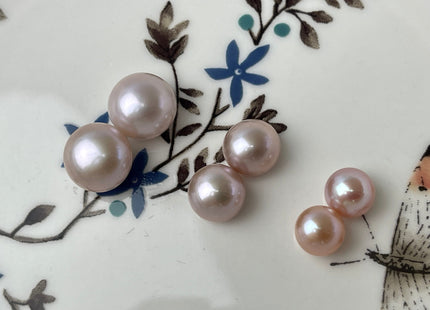 AAAA One Pair 7-10.5 mm Top Quality High Luster Round Button Half Drilled Freshwater Pearls Genuine Natural Pink Freshwater Pearls #1627