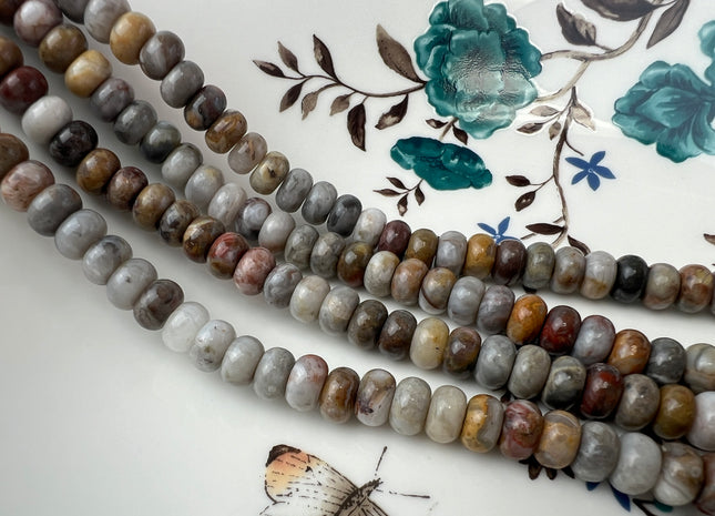 5x8 mm AAA Smooth Rondelle Natural Petrified Wood Beads Highly Polished Taupe Beige Brown Color High Quality Gemstone 15 Inches Strand #3239
