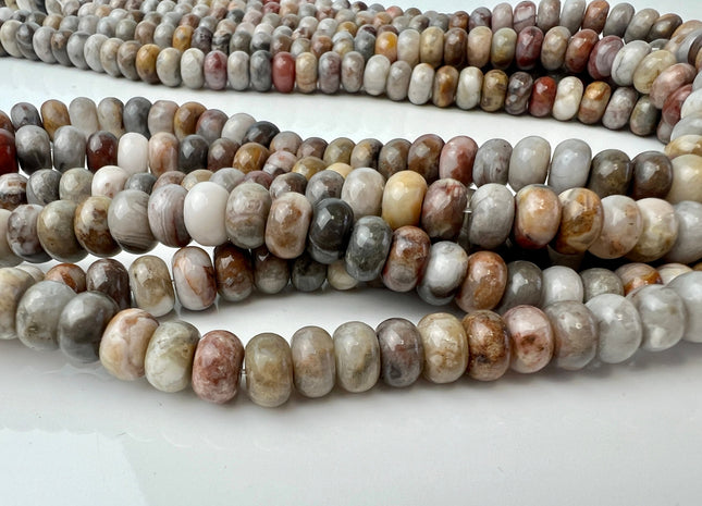 5x8 mm AAA Smooth Rondelle Natural Petrified Wood Beads Highly Polished Taupe Beige Brown Color High Quality Gemstone 15 Inches Strand #3239