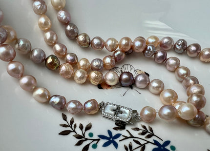 14/16/18/20/22 Inches Hand Knotted 8mm AAA Natural Mauve Pink Color Freshwater Barouque Pearl Necklace With Silver Cross Clasp #P2457