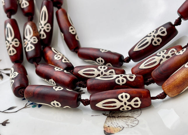 11x30mm AAA DZI Tibetan Agate Red Brown Color Gemstone Large 2.0mm Hole Mala Antique Boho Beads 10 Beads #4404