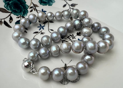 17.5 Inches 10.5-12 mm AAA Gray Color Potato Freshwater Pearl Necklace Genuine Hand Knotted Bridal Pearl Necklace #P2482-B