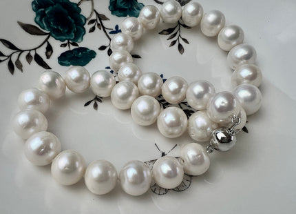 17.5 Inches 13-15 mm AA Natural White Potato Freshwater Pearl Necklace Genuine Hand Knotted Bridal Pearl Necklace #P2482-D