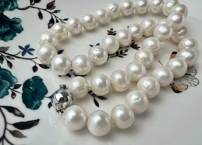 17.5 Inches 11-12 mm AA Natural White Potato Freshwater Pearl Necklace Genuine Hand Knotted Bridal Pearl Necklace #P2482-A