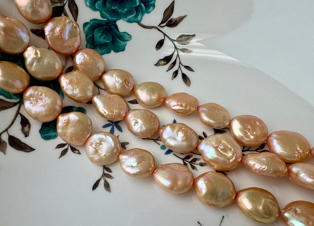 13-14 mm AA High Luster Light Champagne Flat Coin Freshwater Pearl Beads Genuine Freshwater Pearls #418