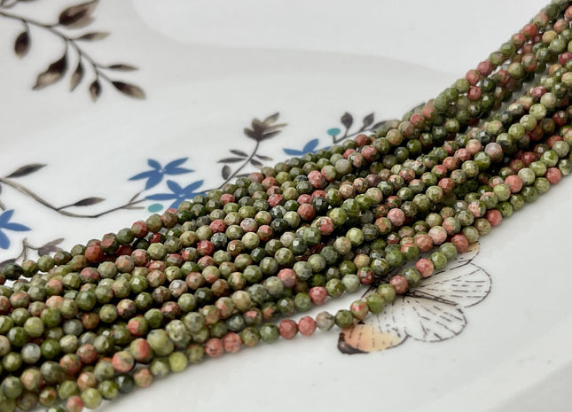 2.5 mm Faceted Round Tiny Green Brown Unakite Gemstone Beads Genuine Natural Unakite Loose Beads 12.5 Inches Strand #4419