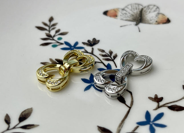 12x22 mm 925 Sterling Silver/Gold Shiny Heart Bowtie Shape Design Clasp Sterling Silver Findings With CZ Silver Clasps #10302