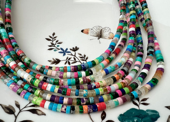 2x4 mm Mixed Amethyst Jasper Jade Malachite Heishi Rondelle Shape Gemstones Loose Beads 15.5 Inches Strand #4433