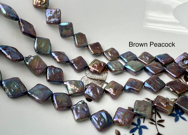 10mm Peacock Color Diamond Square Coin Shape Freshwater Pearl Beads Genuine High Luster Coin Pearls 29-31 Beads #P2495