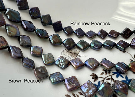 10mm Peacock Color Diamond Square Coin Shape Freshwater Pearl Beads Genuine High Luster Coin Pearls 29-31 Beads #P2495
