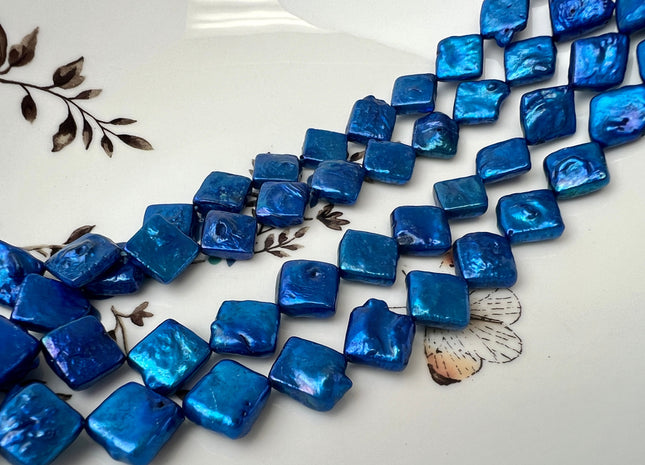 10mm Royal Blue Diamond Square Coin Shape Freshwater Pearl Beads Genuine High Luster Coin Pearls 29-31 Beads #P2497