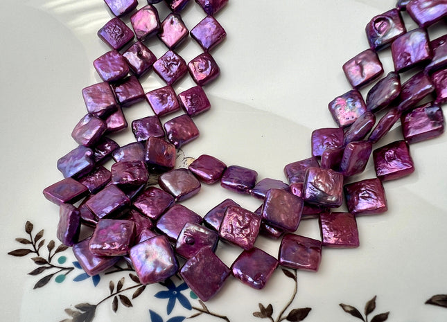 10mm Mulberry Purple Color Diamond Square Coin Shape Freshwater Pearl Beads Genuine High Luster Coin Pearls 29-31 Beads #P2499