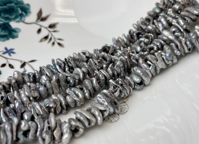 8x12-13 mm Siver Gray Keshi Freshwater Pearl Beads Center Drilled Biwa Rondelle Pearl Beads C Grade #P2476