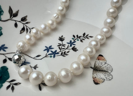 17.5 Inches 11-12 mm AA Natural White Potato Freshwater Pearl Necklace Genuine Hand Knotted Bridal Pearl Necklace #P2482-A