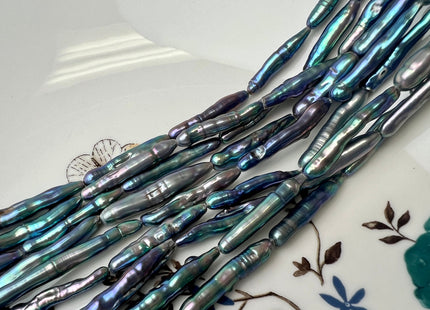 5-6x25-30 mm AAA Rainbow Peacock Color Biwa Stick Freshwater Pearl Beads Genuine High Luster Unique Keshi Long Stick Pearl #P2512