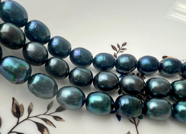 11x13-14 mm AA Prussian Blue Color Freshwater Pearls Long Rice/Oval Shape Pearl Beads Genuine LargeFreshwater Pearls #1230