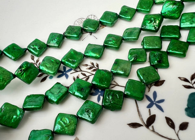 10mm Green Color Diamond Square Coin Shape Freshwater Pearl Beads Genuine High Luster Coin Pearls 29-31 Beads #P2502