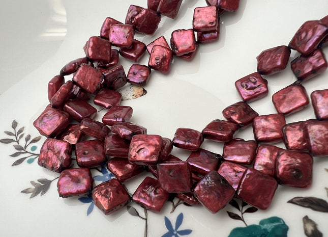 10mm Cranberry Color Diamond Square Coin Shape Freshwater Pearl Beads Genuine High Luster Coin Pearls 29-31 Beads #P2509