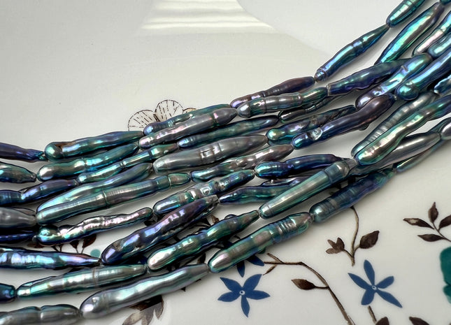 5-6x25-30 mm AAA Rainbow Peacock Color Biwa Stick Freshwater Pearl Beads Genuine High Luster Unique Keshi Long Stick Pearl #P2512