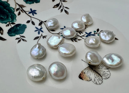 One Piece 13-14 mm AAA Full Drilled Large Hole Thick White Coin Pearl Beads Hole Size 1.2-2.1mm Genuine Super High Luster Coin Pearl #P1098