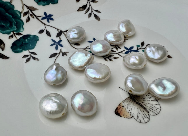 One Piece 13-14 mm AAA Full Drilled Large Hole Thick White Coin Pearl Beads Hole Size 1.2-2.1mm Genuine Super High Luster Coin Pearl #P1098