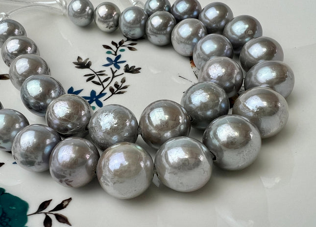 12-15 mm AAA Large Hole Half Strand Extra Shiny Pinkish Gray Baroque Edison Genuine Freshwater Pearl Beads Hole Size 2.2 mm 14 Beads #P2532