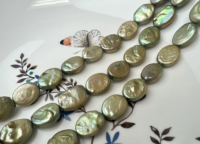11x14 mm Sage Green Oval Coin Pearl W/Slightly Gold Sheen Genuine Freshwater Coin Pearl #P2540