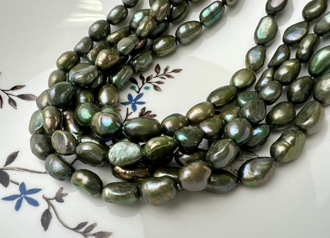 8-9x11-13 mm AA Olive Green Color W/Gold Freshwater Pearl Beads Genuine Freshwater Rice Nugget Pearl #P2545