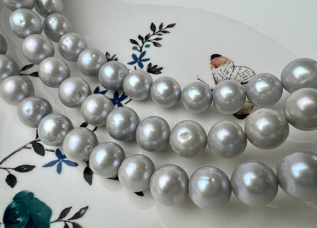 11-12mm Silver Gray Large Hole Semi-Round Freshwater Pearl Beads 2.2mm Hole, Gray Semi Round Pearl, Genuine Freshwater Pearls #50