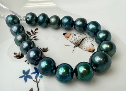 12-14 mm AA Blueish Green Color Freshwater Edison Pearl Beads Genuine Large Hole Edison Pearl Hole Size 2.2mm 16 Beads #P2548