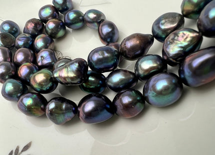 11-12x13-15 mm AA Half Strand Large Hole Rainbow Peacock Color Freshwater Baroque Nugget Pearl #P2550