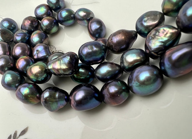 11-12x13-15 mm AA Half Strand Large Hole Rainbow Peacock Color Freshwater Baroque Nugget Pearl #P2550