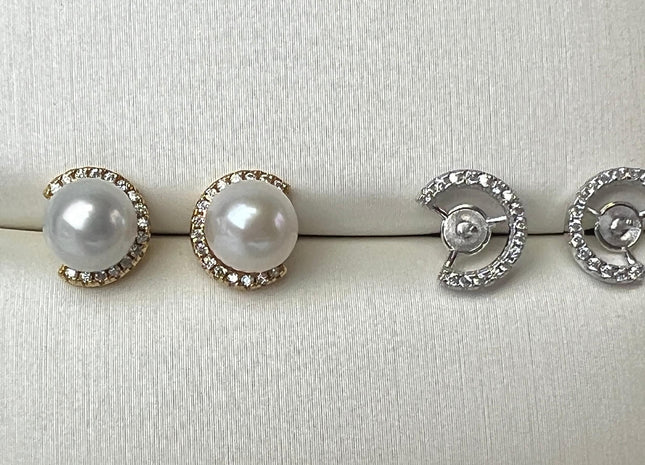 One Pair 925 Sterling Silver/Gold Earring Setting With CZ Letter C Shape Earring Stud Findings For Half Drilled Pearls #10348-O