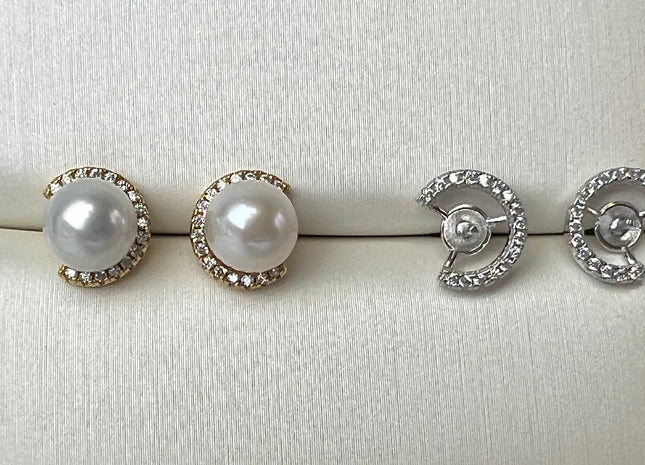 One Pair 925 Sterling Silver/Gold Earring Setting With CZ Letter C Shape Earring Stud Findings For Half Drilled Pearls #10348-O