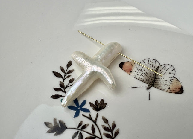 Natural White Biwa Stick Freshwater Pearls, Genuine White Cross Shape Freshwater Pearls #1293