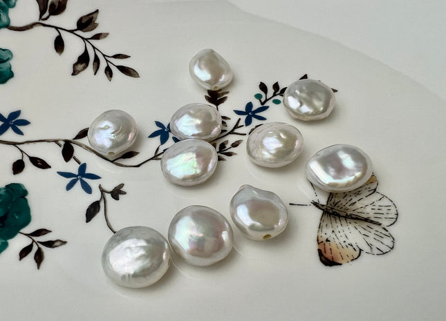 One Piece 13-14 mm AAA Full Drilled Large Hole Thick White Coin Pearl Beads Hole Size 1.2-2.1mm Genuine Super High Luster Coin Pearl #P1098