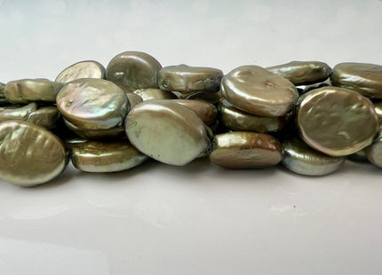 11x14 mm Sage Green Oval Coin Pearl W/Slightly Gold Sheen Genuine Freshwater Coin Pearl #P2540