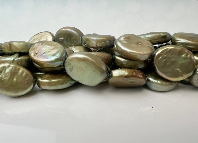 11x14 mm Sage Green Oval Coin Pearl W/Slightly Gold Sheen Genuine Freshwater Coin Pearl #P2540