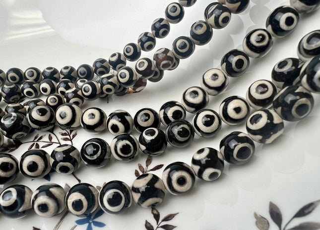 6mm 8mm 10 mm AAA Smooth Round Tibetan DZI Agate Black And White Tibetan Agate Gemstone Beads #4457