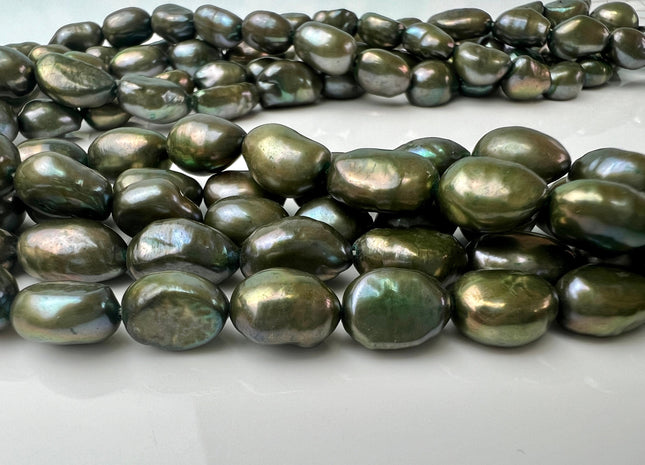 8-9x11-13 mm AA Olive Green Color W/Gold Freshwater Pearl Beads Genuine Freshwater Rice Nugget Pearl #P2545
