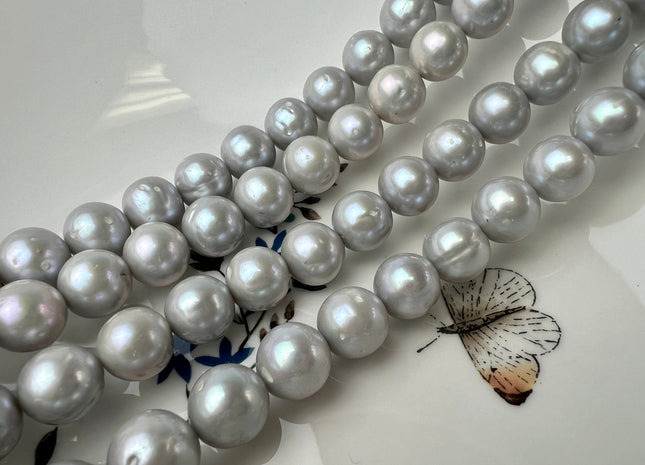 11-12mm Silver Gray Large Hole Semi-Round Freshwater Pearl Beads 2.2mm Hole, Gray Semi Round Pearl, Genuine Freshwater Pearls #50